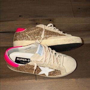 Golden Goose Gold Glitter Super Star Sneakers with Neon Pink